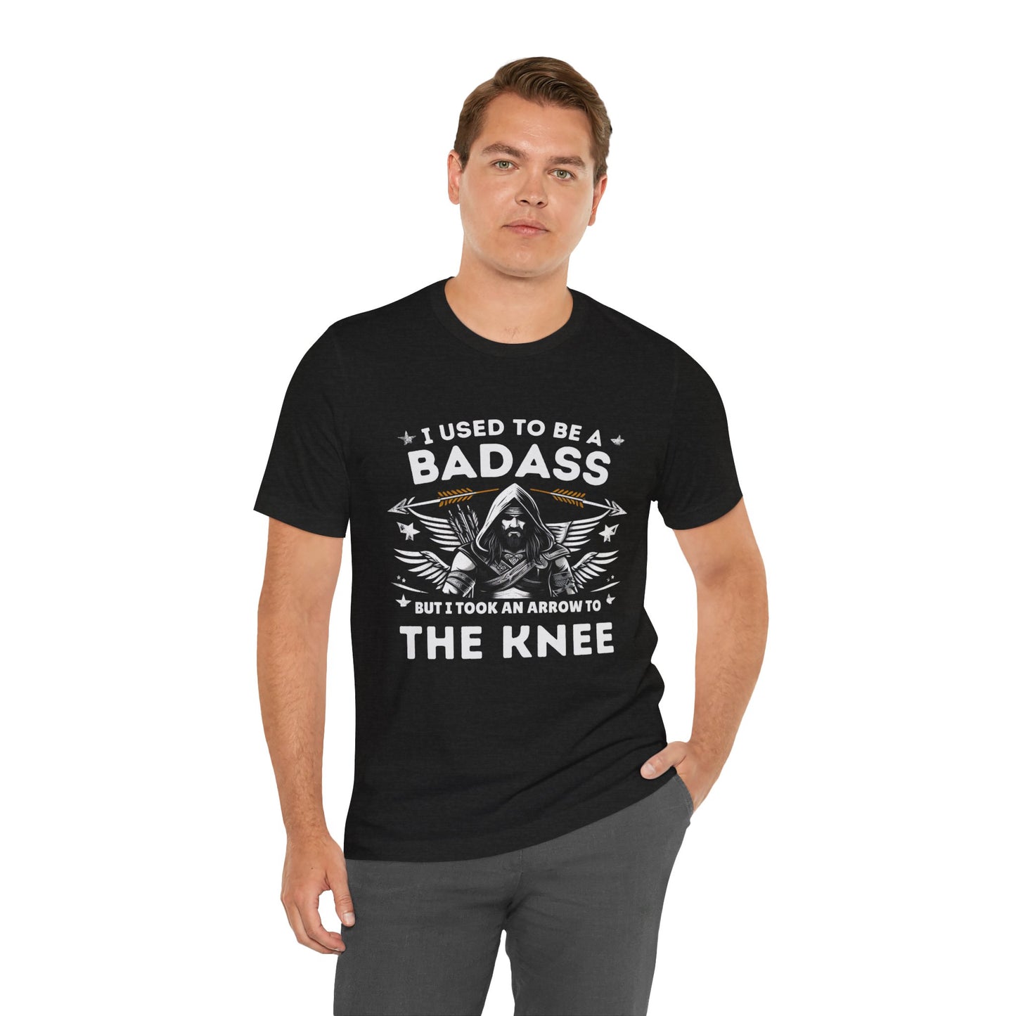 I Used to be a badass but I took an arrow to the Knee Tee Shirt |  Funny Unisex Short Sleeve Tee | Funny Gamer Shirt | Skyrim Style Gamer - CrazyTomTShirts